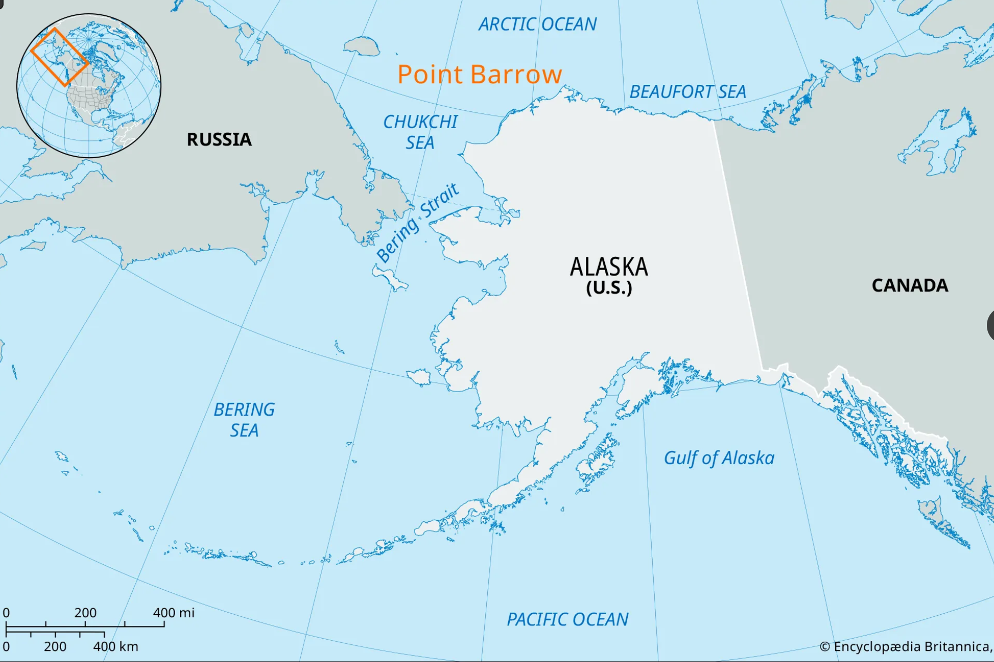 Map of Alaska highlighting Point Barrow at the northernmost tip of the United States, surrounded by the Arctic Ocean, Beaufort Sea, and Chukchi Sea